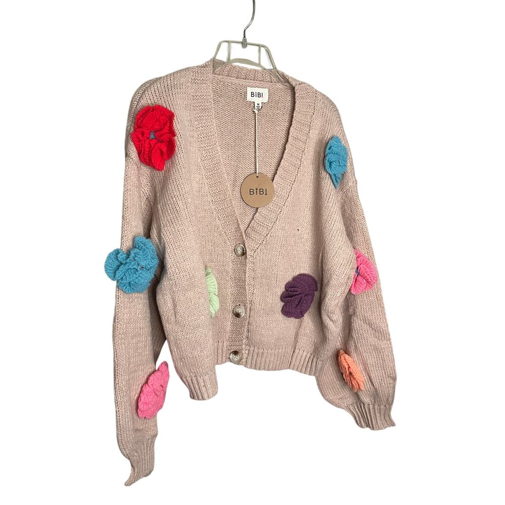 Bibi Floral Knit Cardigan Sweater V-Neck‎ Button Front Beige Womens Size M NWT